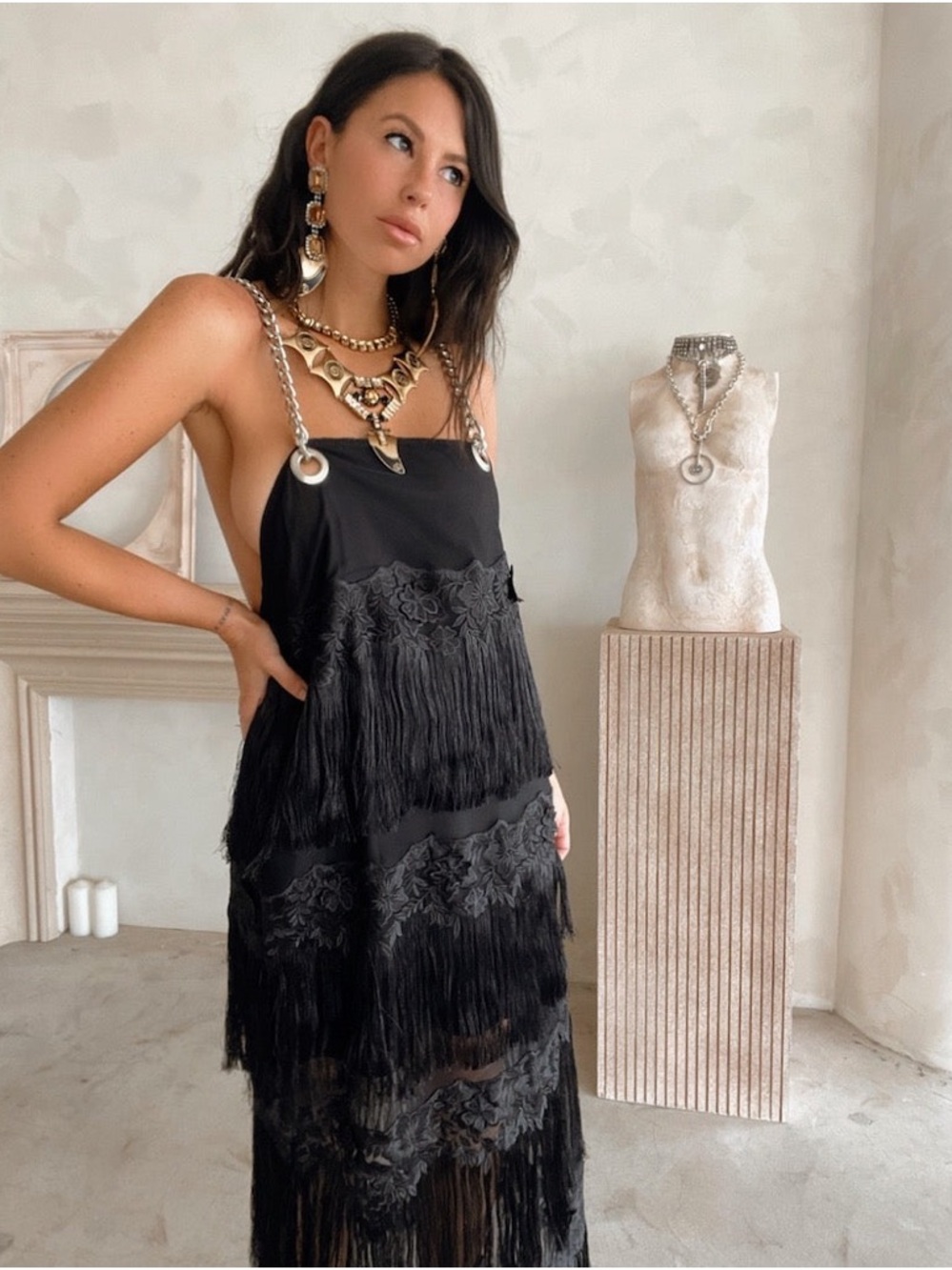 Dylanlex Dlex Tan Chain Strap Fringe Satin Midi Dress Women’s Size XXL NEW - Picture 9 of 10